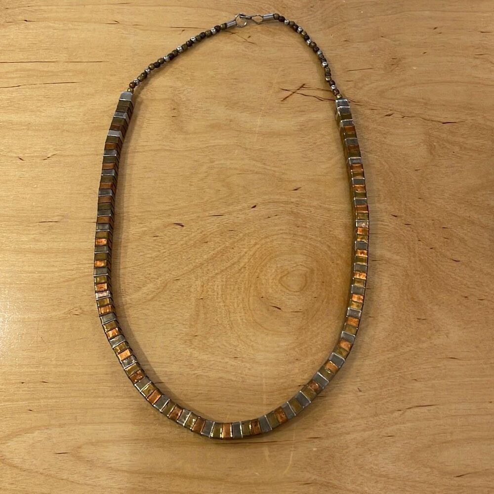 Womens Tri ColorโCube Circle Metal Beaded Necklace Gold Silverโ Copper